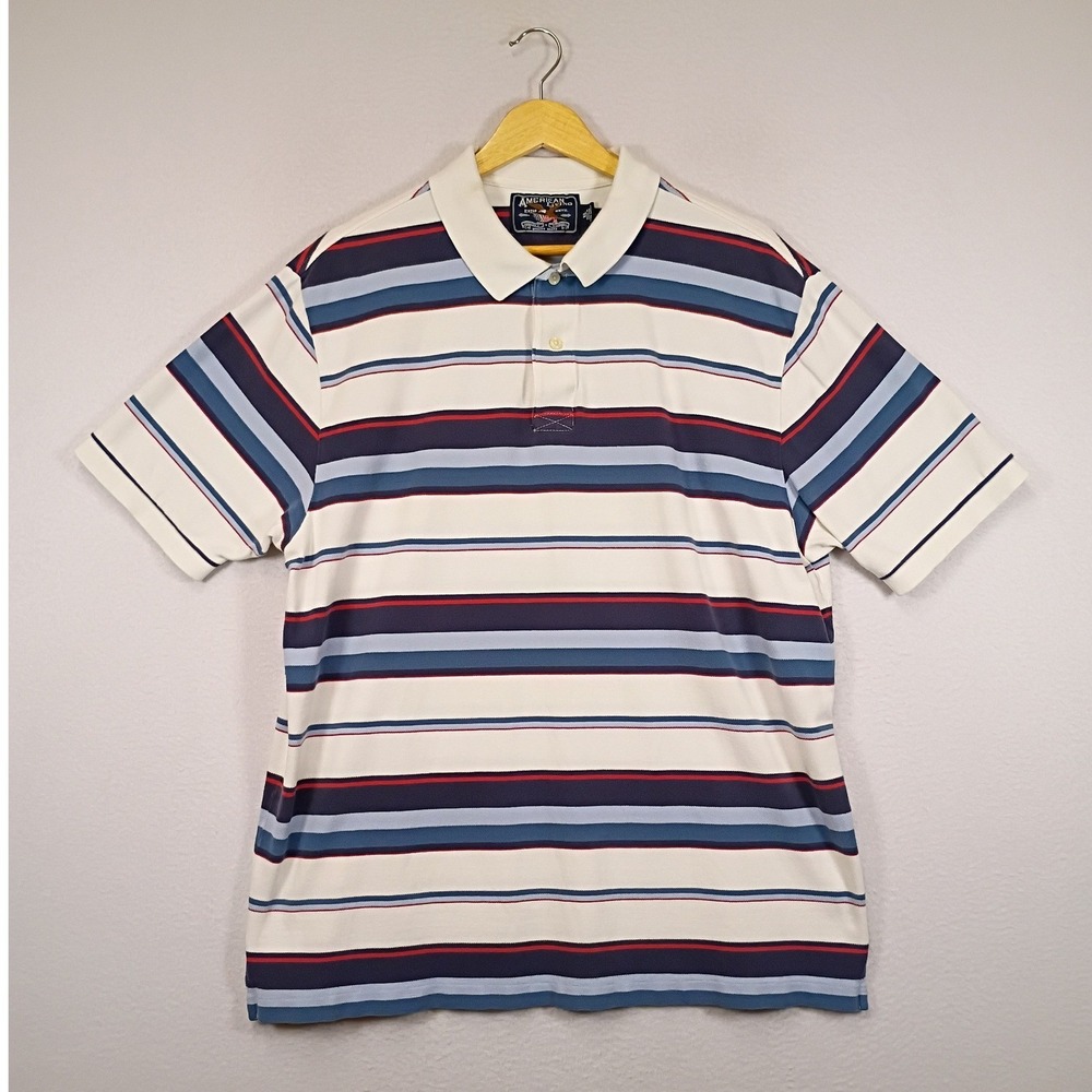 Preppy American Living Mens XL White Blue Red Striped Cotton Pique Polo Shirt